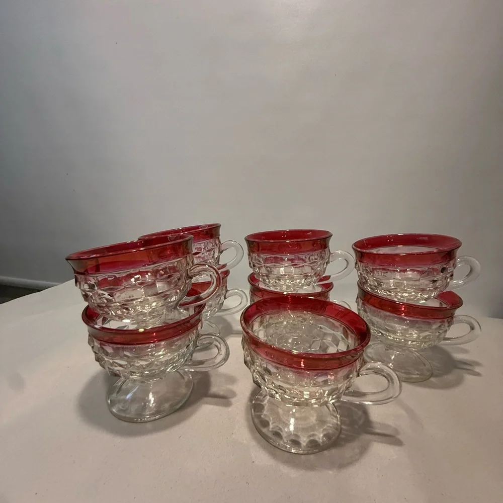 Set Of 8 Tiffin Kings Crown Thumbprint Cranberry Flash Sherbet Dessert Glass